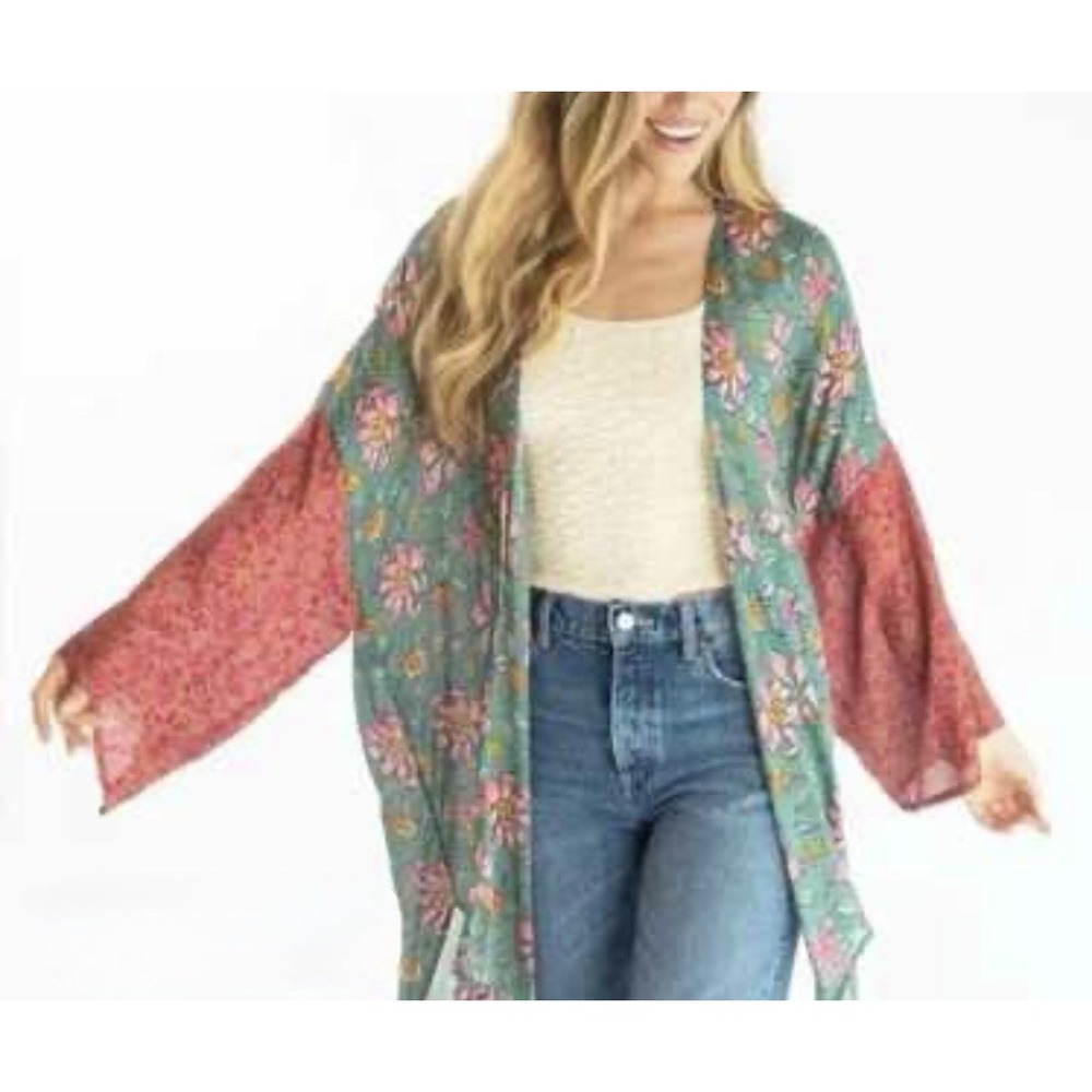 Natural Life Kimono Topper Sierra Mixed Print L / XL Pink Lily & Teal Floral